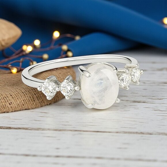 πMoonstone Minimalist Ring S925 Sterling Silver Genuine Gemstone & CZ Stones - Picture 6 of 10